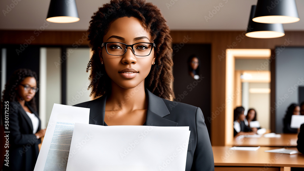Poster office workres at work holding few sheets of paper in front of them. ai generated
