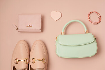Flat lay with woman fashion accessories in pastel colors. Fashion blog, summer urban style,...