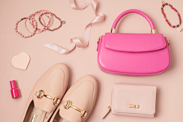 Flat lay with woman fashion accessories in pastel colors. Fashion blog, summer urban style, shopping and trends concept