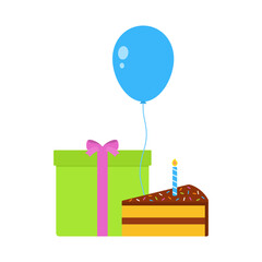 Birthday, party and celebration concept. Gift box, balloon and cake with candle isolated on white background. Vector illustration.