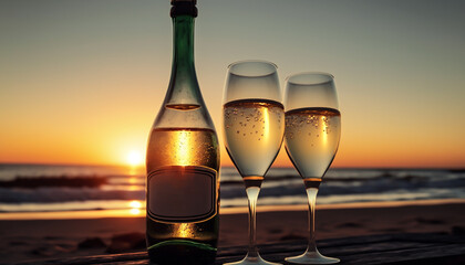 champagne with glasses in the sunset, on the beach, by the sea