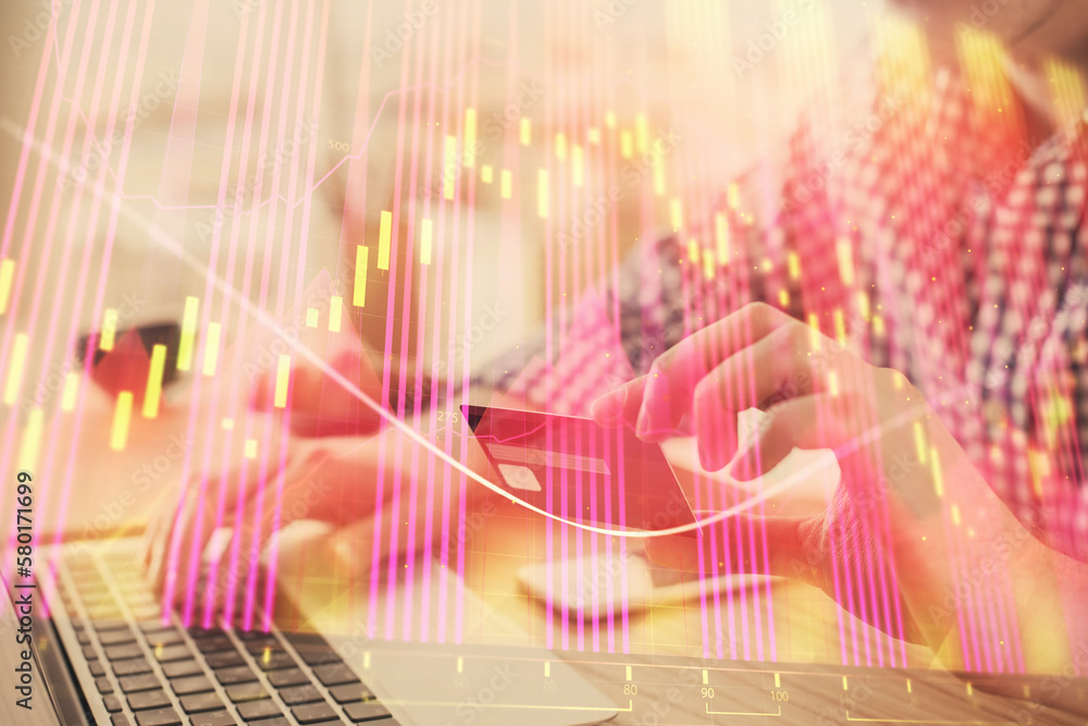 Poster double exposure of man hands holding a credit card and forex graph drawing. stock trading and digita