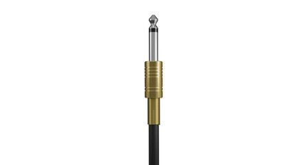 Golden guitar audio jack with black cable isolated on transparent background. Musical concept. 3D render