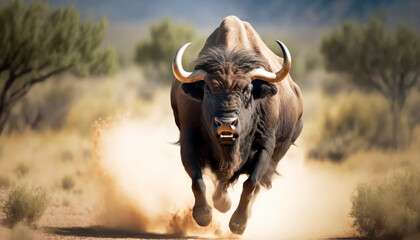Close call in the savannah: angry African buffalo chases camera. Generative AI. - obrazy, fototapety, plakaty