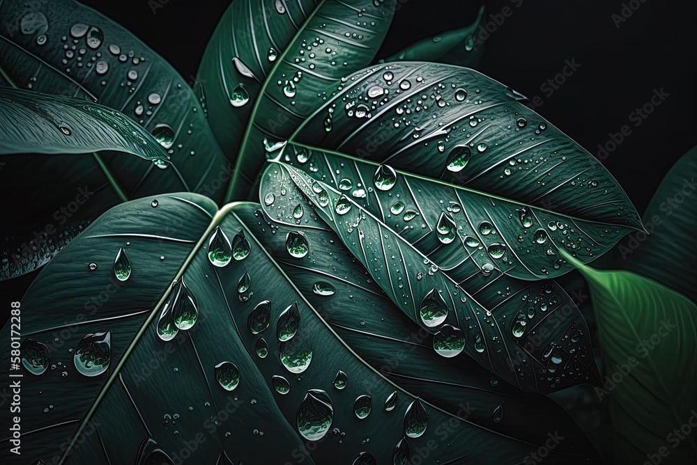 Poster drops of water resting on green leaves in a close-up vertical view generative ai