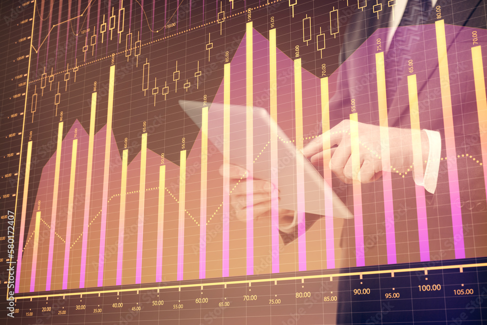 Poster double exposure of man's hands holding and using a digital device and forex graph drawing. financial