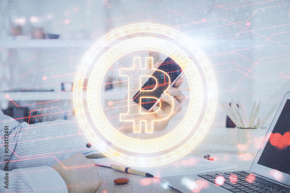 Poster double exposure of man's hands holding and using a phone and crypto currency blockchain theme drawin