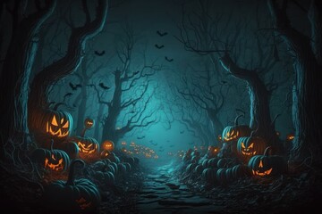 Spooky halloween forest with scary black trees and pumpkins on the ground. AI generated. Background