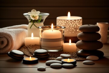 Fototapeta na wymiar Spa setting with aromatic candles. Romantic atmosphere. Background with selective focus. AI generated
