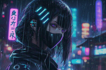 Dangerous Cyberpunk Character. Female Cyborg Assassin with Dark Hair. Created with Generative AI.
