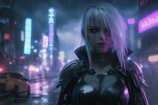 Dangerous Cyberpunk Character. Female with White Hair. Created with Generative AI.