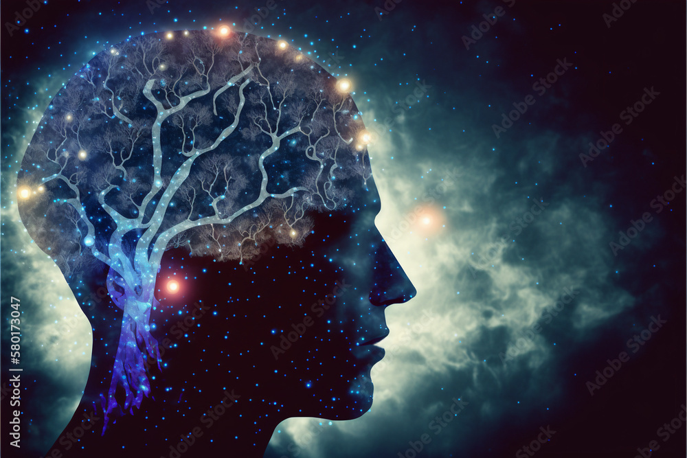Poster virtual reality man with symbol neurons in brain. creative idea and insight. dark sky in the backgro