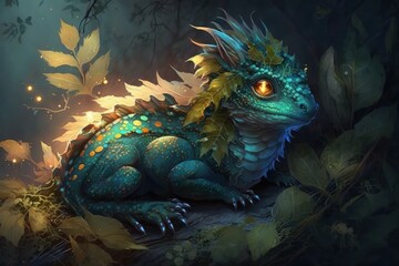 Beautiful dragon in the night forest, selective focus. AI generated, human enhanced