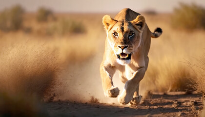 Action shot of a fierce lioness chasing the camera in the savannah heat. Generative AI. - obrazy, fototapety, plakaty