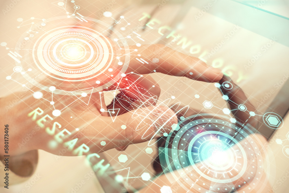 Poster Multi exposure of man's hand holding and using a digital device and data theme drawing. Innovation concept.