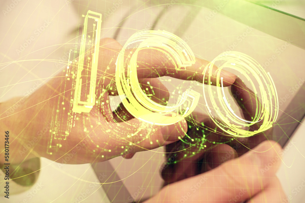 Poster double exposure of man's hands holding and using a phone and crypto currency blockchain theme drawin