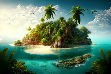 Fototapeta na wymiar A lush tropical island with tall palm trees in spring