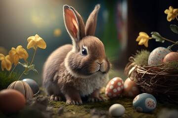 Fototapeta na wymiar Happy Easter bunny with colorful easter eggs. Generative AI
