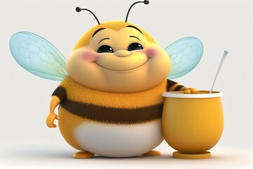 Cute happy fat bee with a pot of honey isolated on white background. Generative AI - obrazy, fototapety, plakaty