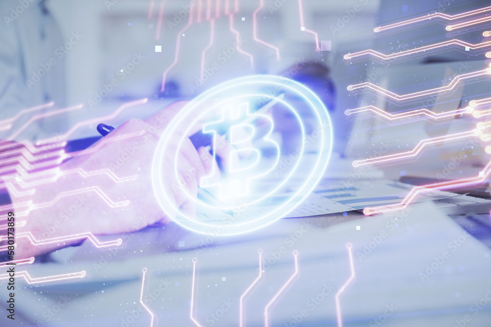 Poster double exposure of man's hands holding and using a phone and crypto currency blockchain theme drawin