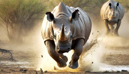 Action shot of a running rhinoceros in the savannah heat. Generative AI. - obrazy, fototapety, plakaty