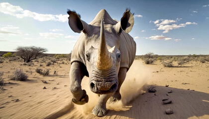 Action shot of a running rhinoceros in the savannah heat. Generative AI.