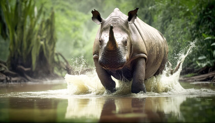 Action shot of a running rhinoceros in the savannah heat. Generative AI.