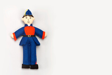 Rag doll, Mexican child heroes, cadet or soldier, on white background, space for text