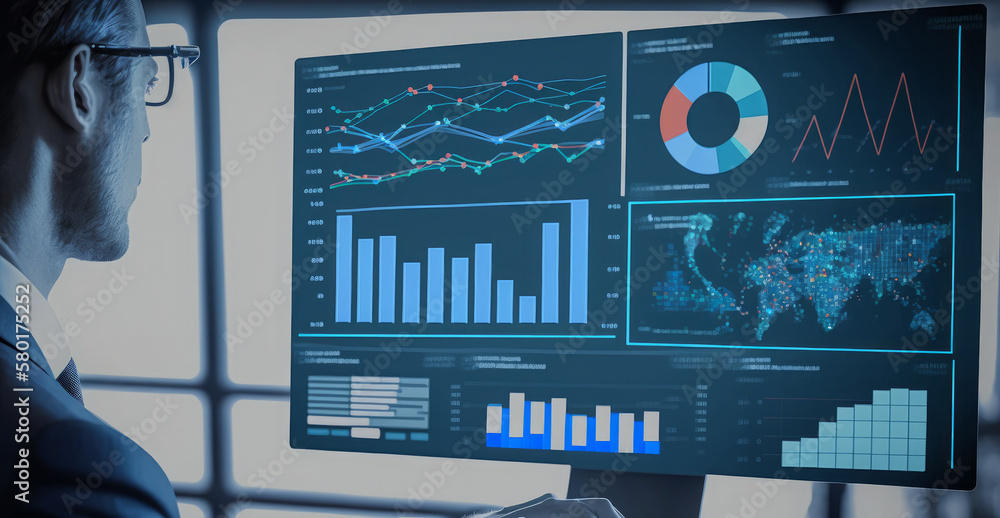 Poster using kpis, charts, and measurements on a business analytics dashboard, an analyst is analyzing data