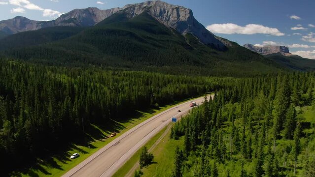 Aerial view of Jasper Provincial Park Rocky Mountains evergreen forests Alberta Canada