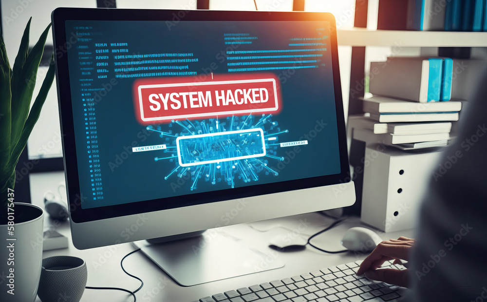Poster after a network cyberattack, a system hack alert appears on the computer screen. internet security f