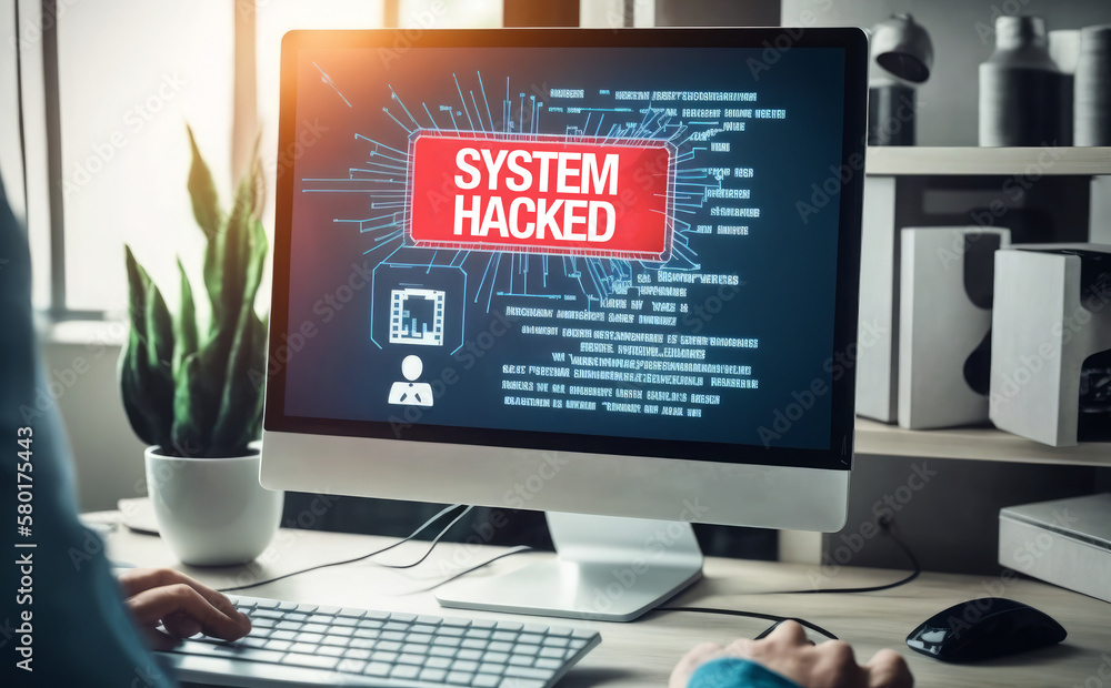 Poster after a network cyberattack, a system hack alert appears on the computer screen. internet security f