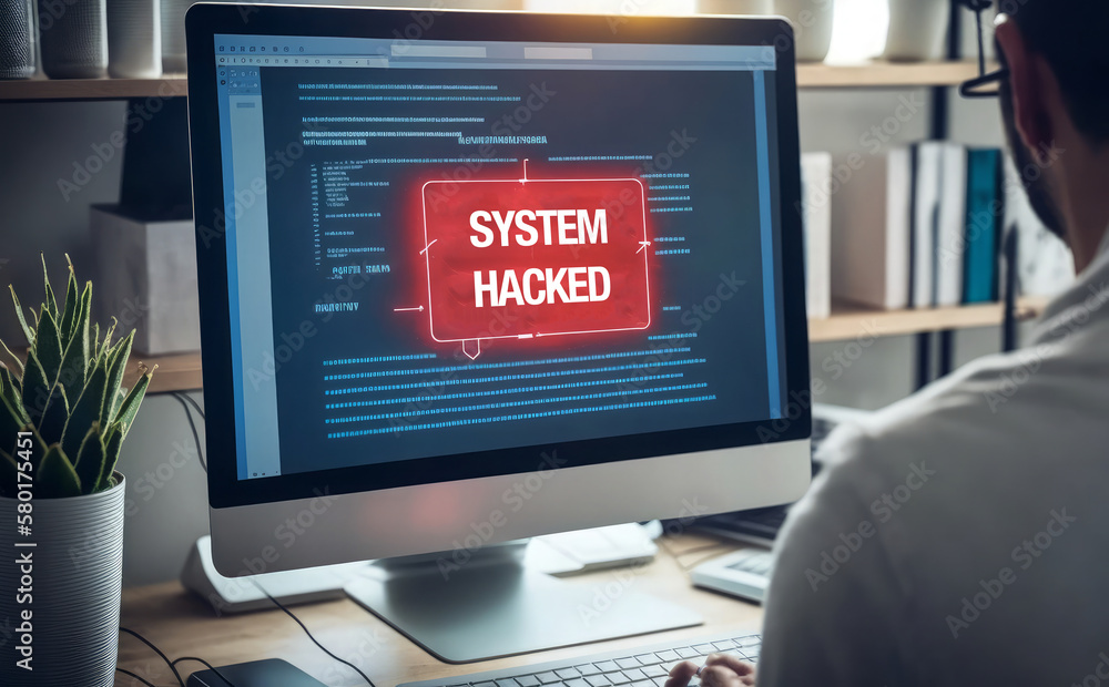 Poster after a network cyberattack, a system hack alert appears on the computer screen. internet security f