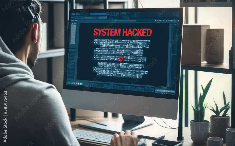 Poster after a network cyberattack, a system hack alert appears on the computer screen. internet security f