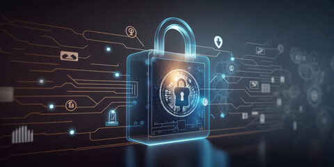 data storage protection, privacy and cyber security. solution for managing documents that uses encryption & passwords. on server / computer, encrypted files. Finger pointing lock icon  - Generative AI