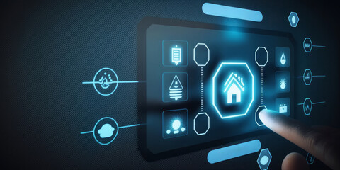 Fototapeta premium Finger tapping home automation button on virtual screen dashboard, smart home management interface. Internet of Things technology, wireless connectivity between smart gadgets, security - Generative AI