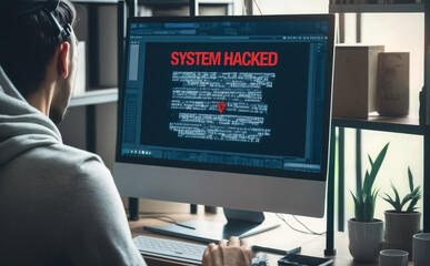 After a network cyberattack, a system hack alert appears on the computer screen. Internet security flaws, viruses, data breaches, and dangerous connections. a worker in an office - Generative AI