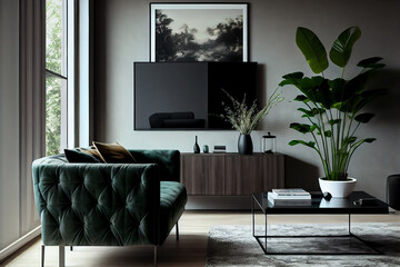 Modern Living Room, interior design with smart TV. Scandinavian art style. High quality ai generated illustration