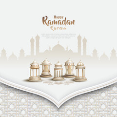 islamic greeting ramadan kareem card design with white lanterns - obrazy, fototapety, plakaty