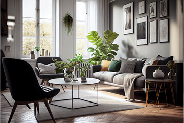 Bright Living room wiht large windows and lots of plants, inustrial style, 3d render. High quality illustration