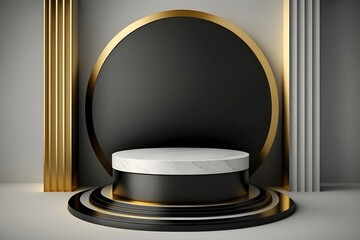 3d round marble 3 steps podium with minimal black, golden and offwhite background, Empty round podium space for product showcase, Elegant promotional podium display space background, generative ai