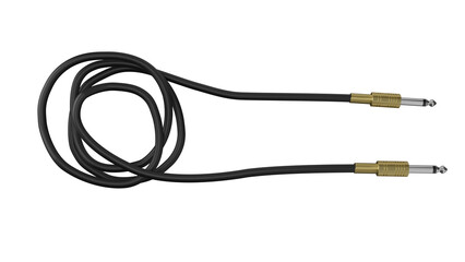 Golden guitar audio jack with black cable isolated on transparent background. Musical concept. 3D render