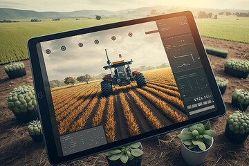 New technologies in agriculture. Tablet with crop management program. Generative AI