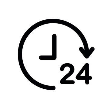 24 hours service icon, clock symbol with arrow and 24 number, black vector sign