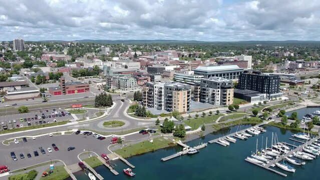 Aerial view of Thunder Bay Ontario Canada Prince Arthur's Landing water front with beautiful blue sky white clouds