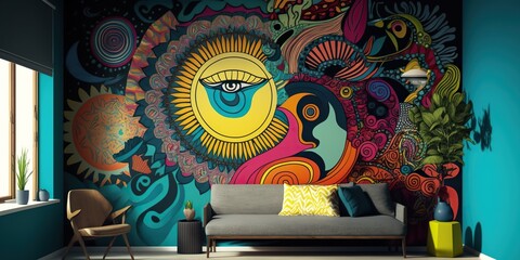 bright bold wall mural with intricate pattern showcasing maximalisms use of eye-catching patterns and imagery, concept of Bold Color Palette and Visual Interest, created with Generative AI technology
