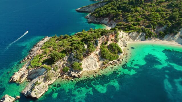 Aerial view of Ionian sea coast near Gidaki beach on Ithaki Island, Greece.