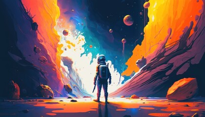 Fototapeta premium Space in watercolor that captures the beauty and wonder of the cosmos using a mixture of vibrant watercolors. Generative AI