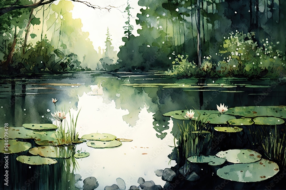 Poster watercolor scene of a tranquil forest lake with reflections and water lilies., created with generative ai