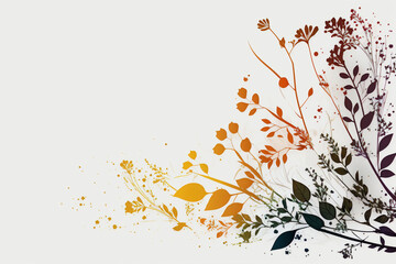 abstract painting background with plant with leafs and flowers in warm autumn color growing from one direction to another. 